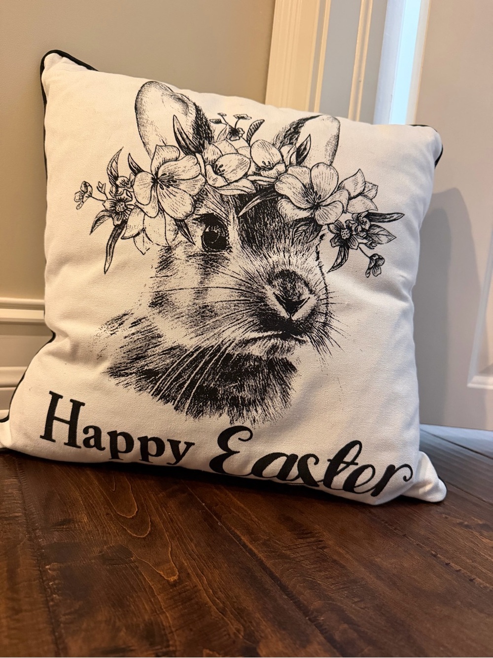 Happy Easter Bunny Decorative Pillow - White and Black